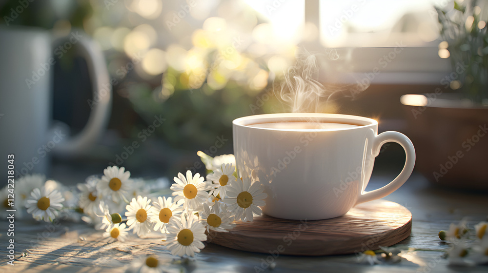 Fototapeta premium Warm morning beverage with chamomile flowers, sunlight streaming through a window.