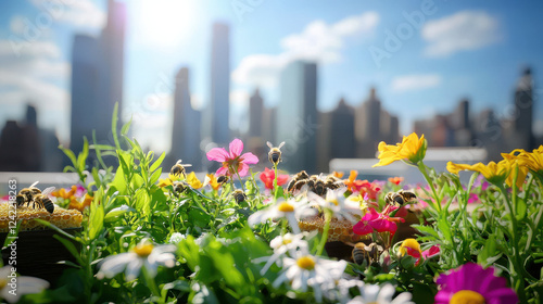 Fototapeta Naklejka Na Ścianę i Meble -  Vibrant rooftop garden with flowers and bees against city skyline