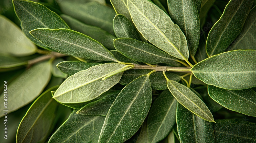 Lush green olive branch leaves close-up, dark background, food recipe ingredient Lush green olive branch leaves close-up, dark background, food recipe ingredient