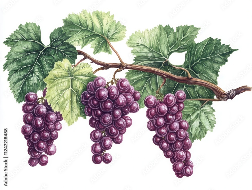 Obraz premium lush grapevine branch with clusters of ripe purple grapes and vibrant green leaves, detailed botanical illustration style on pure white