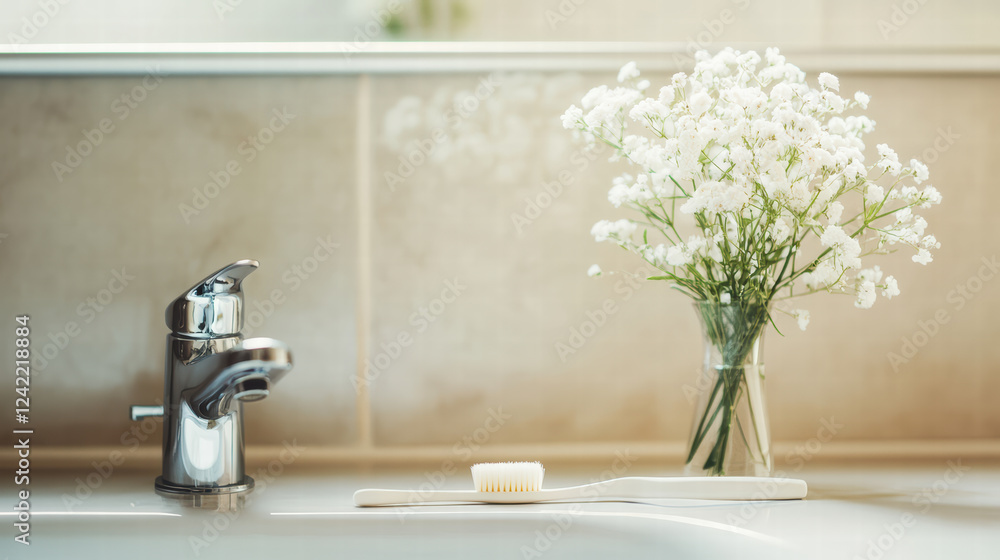 toothbrush and small vase of white flowers on bathroom sink create serene and fresh atmosphere, perfect for morning routine or self care moment