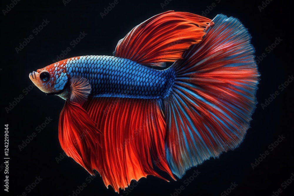 Graceful Betta Fish Swimming in Slow Motion on Pure Black Background, Perfect for Aquatic Art and Design Projects Graceful Betta Fish Swimming in Slow Motion on Pure Black Background, Perfect for Aquatic Art and Design Projects