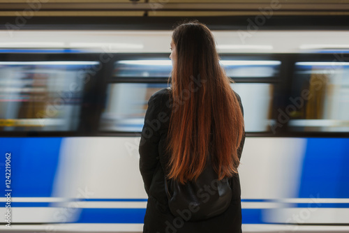 A young woman stands on a metro platform, facing a moving train photo