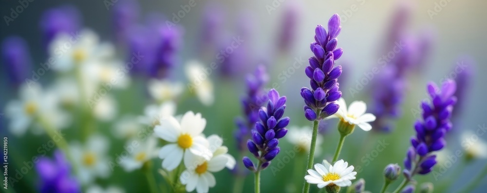 Fototapeta premium A sprig of fresh lavender nestled among delicate white flowers, arrangement, lavender
