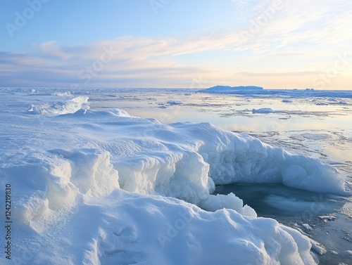 Expansive arctic landscape with frozen ice formations under a blue sky with wispy clouds photo