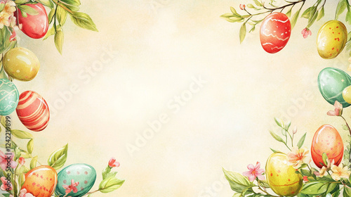 Soft pastel background with delicate strawberries and green leaves, designed as a minimalistic food-inspired composition photo