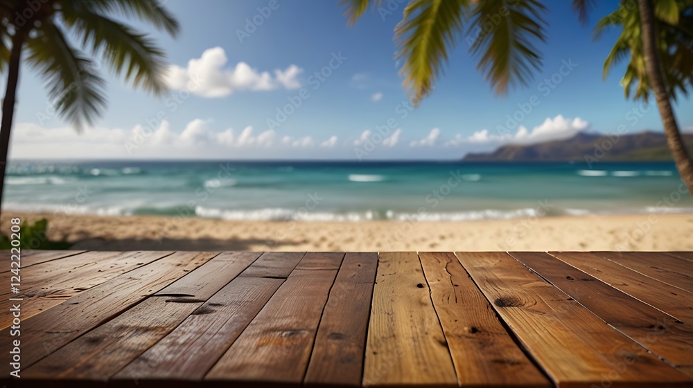 Fototapeta premium Empty wood table top on Hawaiian Beach Wooden Café with a blurred background. The focus is on the table surface