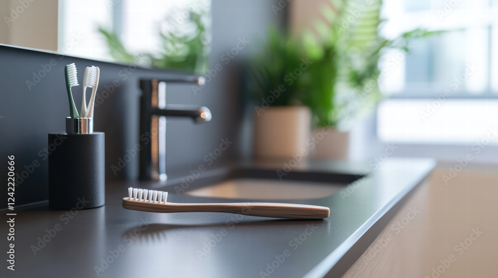 toothbrush with sleek design rests on modern bathroom countertop, surrounded by greenery and stylish accessories, creating serene and organized space toothbrush with sleek design rests on modern bathroom countertop, surrounded by greenery and stylish accessories, creating serene and organized space