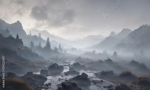 Hazy foggy landscape seamless background tile , dense fog, atmospheric haze photo