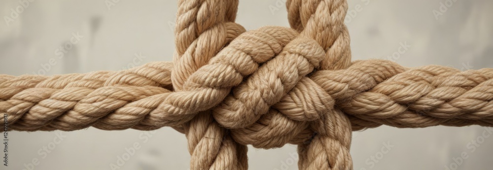 Hemp rope square knot with visible fibers on a neutral background , handmade, cordage, woven Hemp rope square knot with visible fibers on a neutral background , handmade, cordage, woven