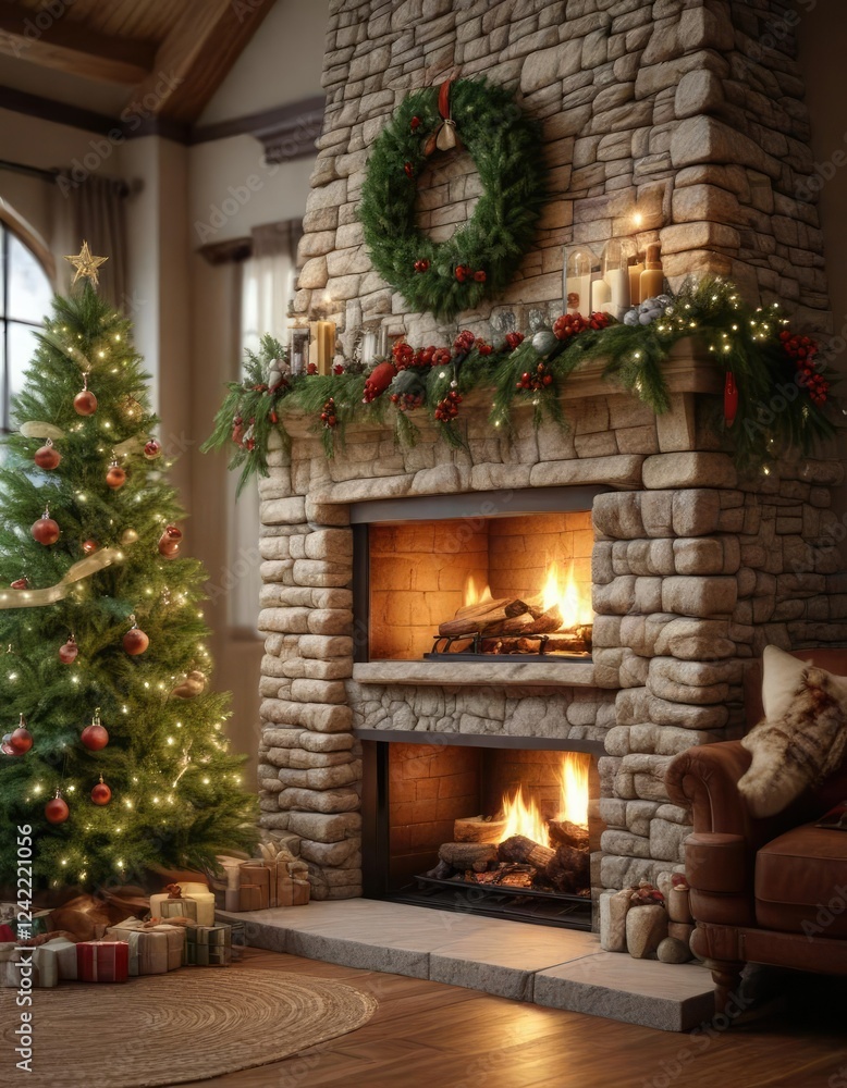 Holiday decorations on a stone fireplace with a large Christmas tree centerpiece, candles, christmas tree Holiday decorations on a stone fireplace with a large Christmas tree centerpiece, candles, christmas tree