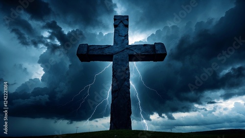 A cross of light rising through dark storm clouds photo