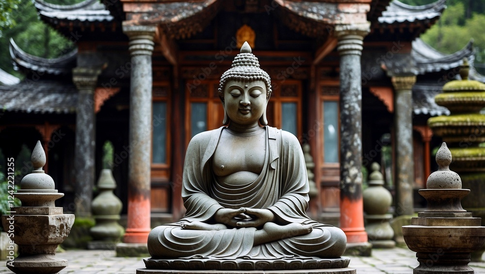 Fototapeta premium Ancient buddha statue in tranquil monastery garden