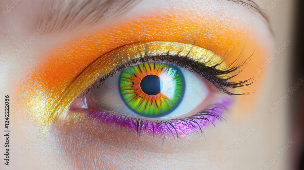 vibrant eye with unique contact lens design featuring bright colors and bold makeup. striking combination of orange, yellow, and purple enhances eye captivating appearance vibrant eye with unique contact lens design featuring bright colors and bold makeup. striking combination of orange, yellow, and purple enhances eye captivating appearance