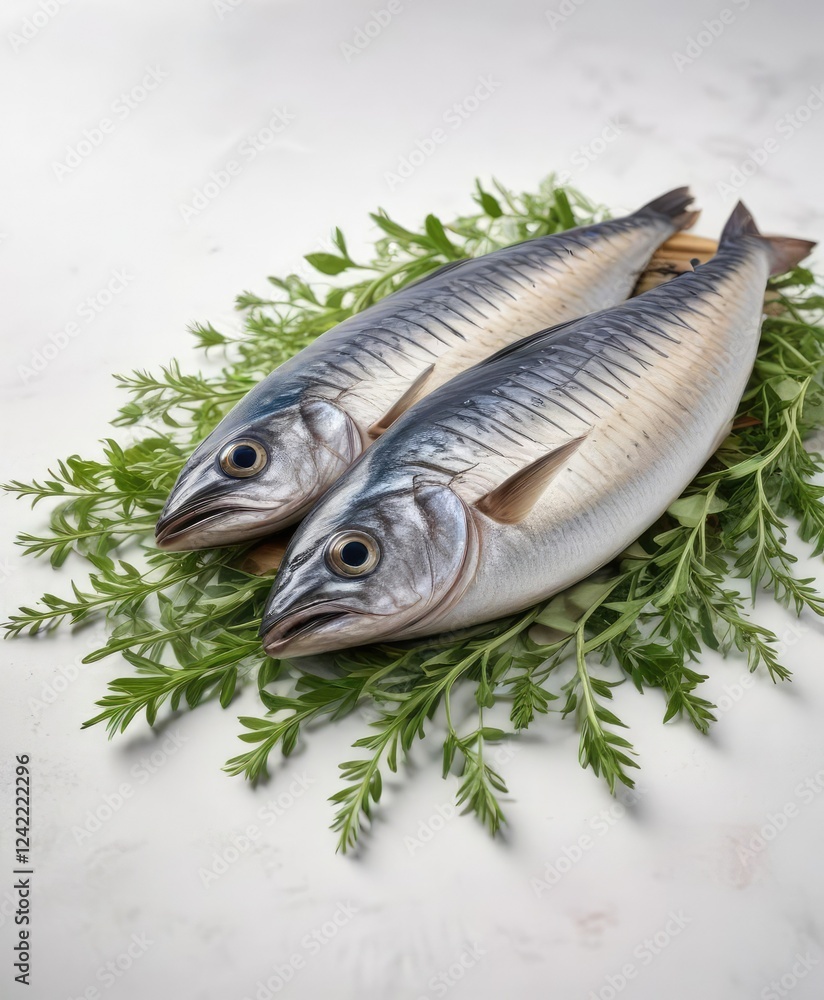 Isolated caned mackerel fillet against a white background with a small amount of greens, empty space, isolated object Isolated caned mackerel fillet against a white background with a small amount of greens, empty space, isolated object
