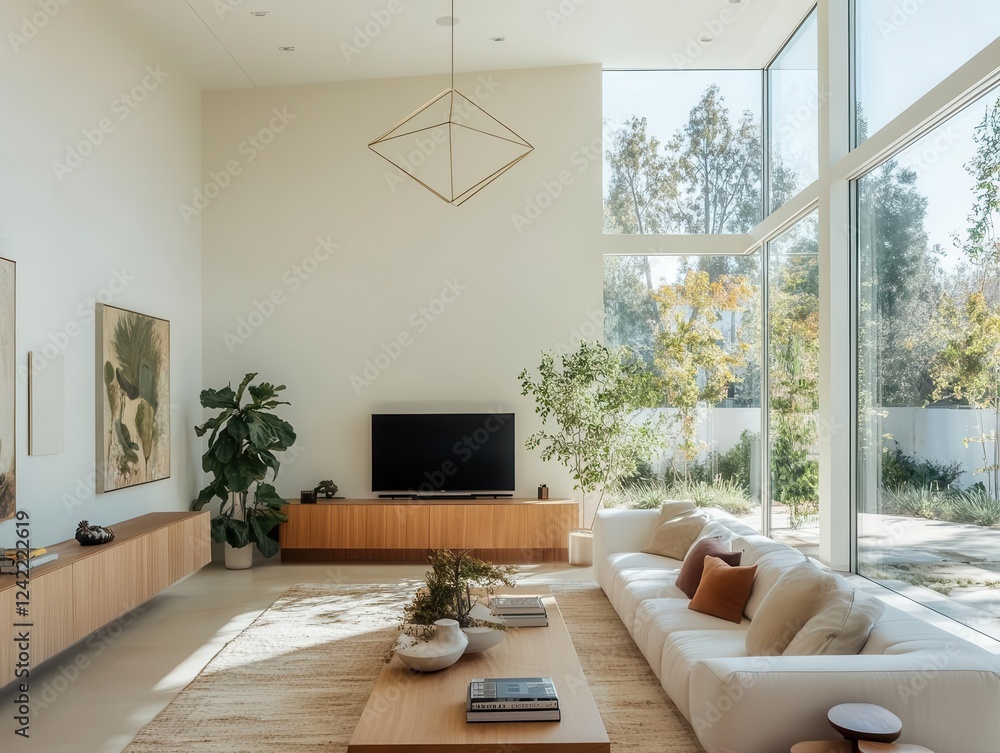 Fototapeta premium modern minimalist living room flooded with natural light, featuring sleek floating media console, geometric pendant lamp, and trailing indoor plants