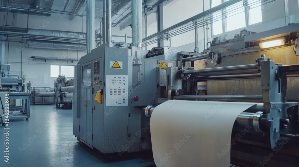 Industrial Paper Production: Large Roll of Paper on a Modern Manufacturing Machine in a Factory Setting Industrial Paper Production: Large Roll of Paper on a Modern Manufacturing Machine in a Factory Setting