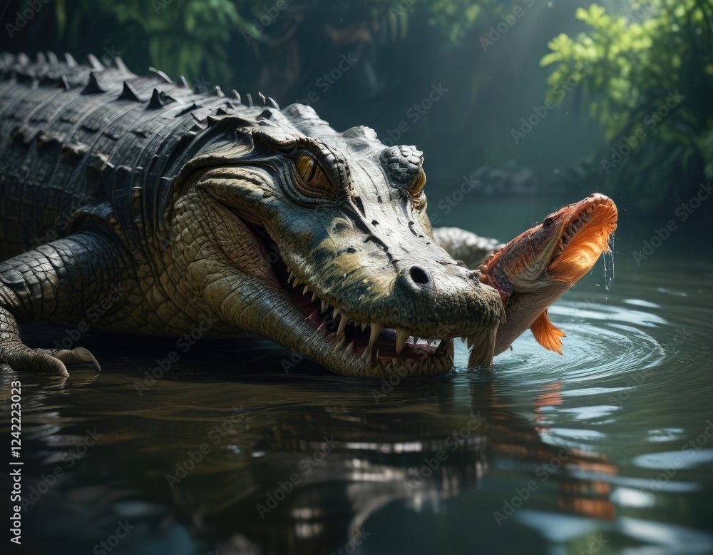 Obraz premium Large alligator with strong jaws gripping a fish in the water, prey, nature