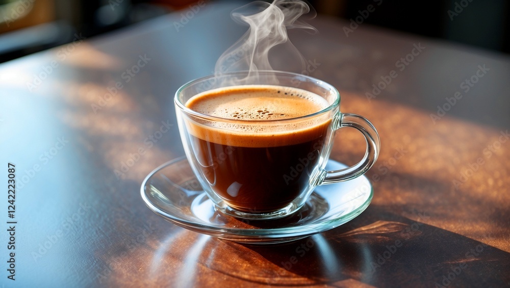 Clear glass cup of steaming coffee in sunlight Clear glass cup of steaming coffee in sunlight