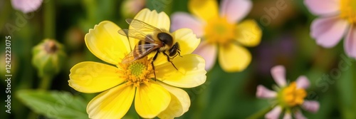 Large bee fly (Bombylius major) resting on a vibrant primrose flower in a garden, insect, vibrant photo