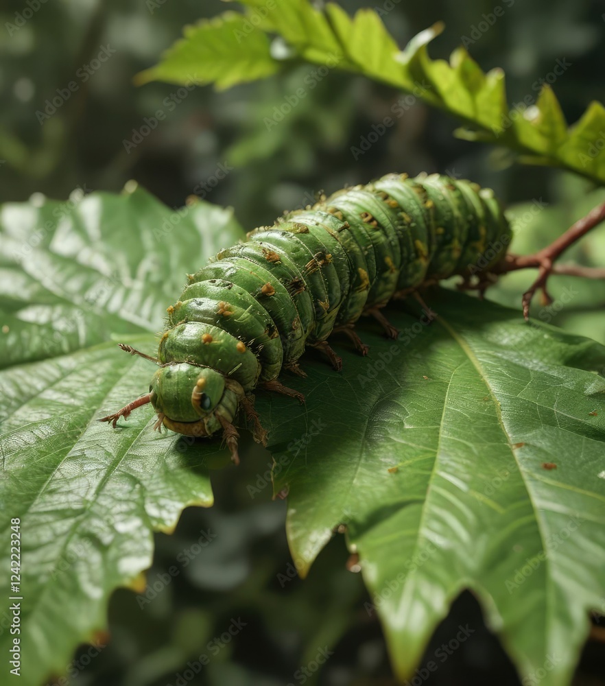 Large green caterpillar with brown spots on leaf, feeding insects, large caterpillar Large green caterpillar with brown spots on leaf, feeding insects, large caterpillar
