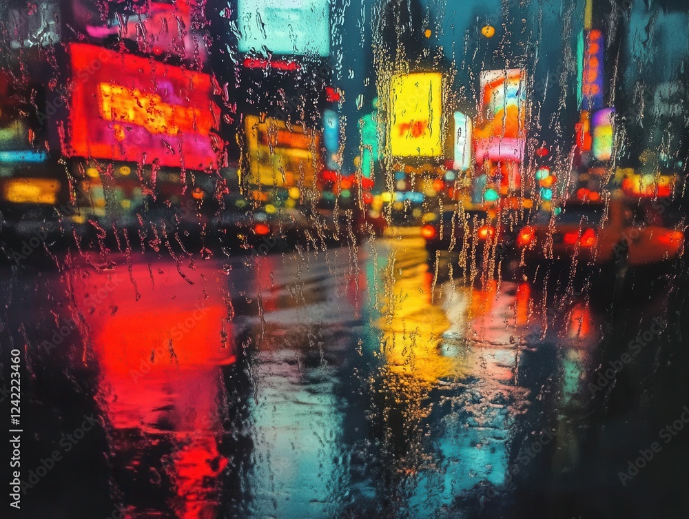 Naklejka premium neon-drenched times square at night through rain-streaked glass, reflective puddles creating mirror images of billboards, cinematic mood