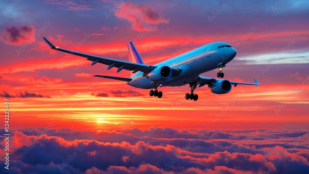 Commercial airliner gliding through a vibrant sunset sky Commercial airliner gliding through a vibrant sunset sky