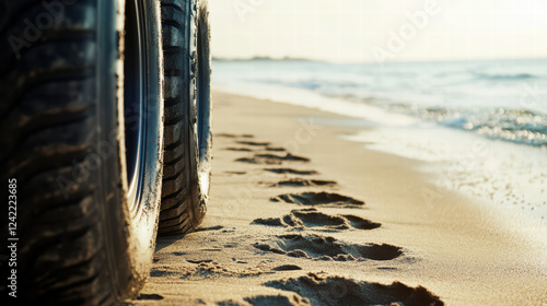 Tires on beach with footprints in sand, capturing serene moment by water. scene evokes sense of adventure and tranquility, perfect for outdoor enthusiasts