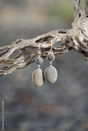 Silver earrings with grey stones photo