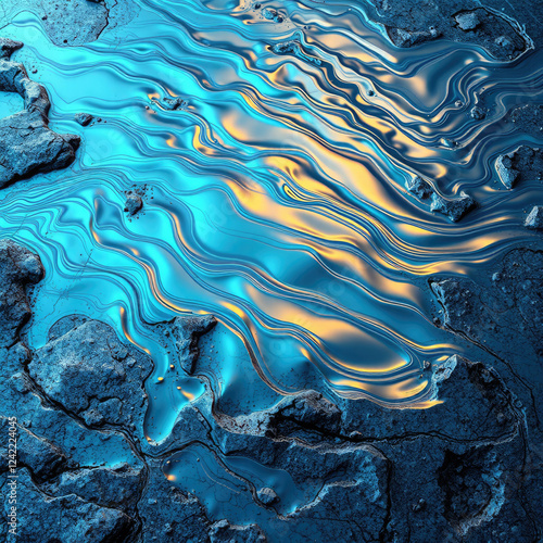 Liquid like waves with iridescent colors and subtle ripples on a surface of rough granite,  textured water,  shimmering surface, granite surface,  oceanic ripple photo