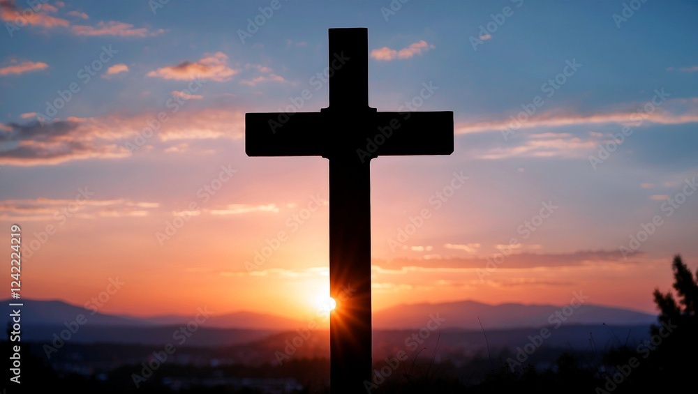 Cross silhouette framed by vibrant sunset colors Cross silhouette framed by vibrant sunset colors