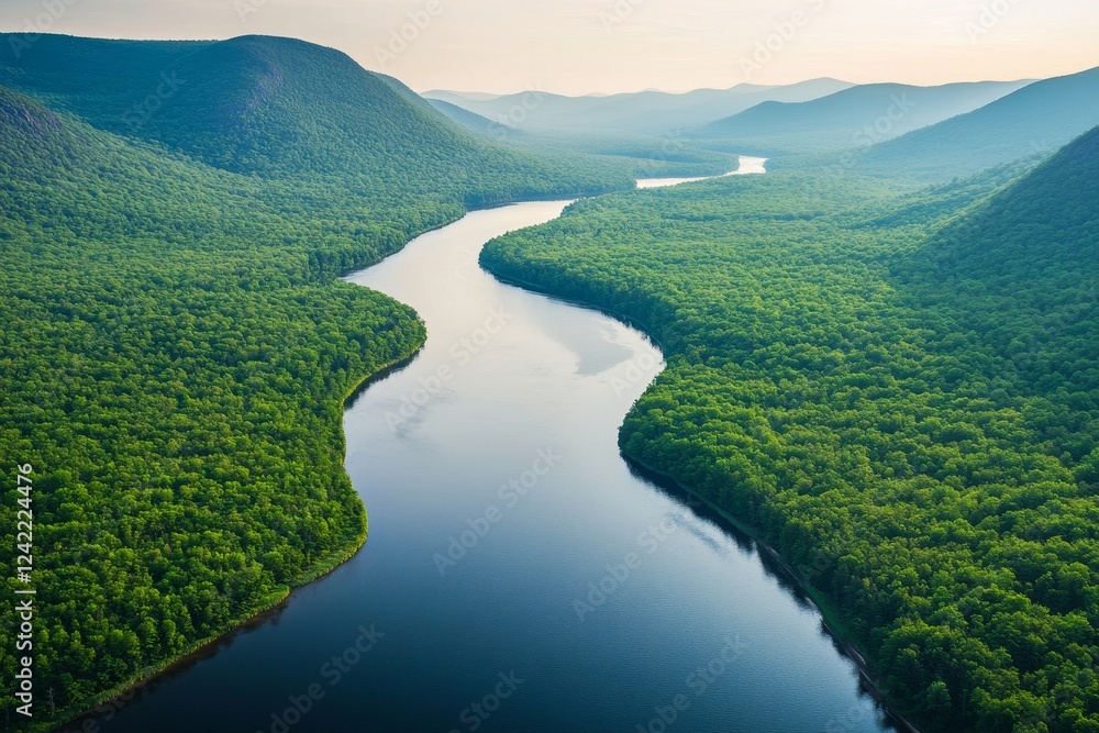 Aerial view of a serene river winding through a lush green forest and rolling hills. Aerial view of a serene river winding through a lush green forest and rolling hills.