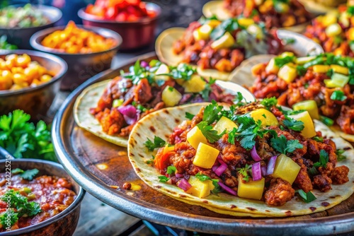 Wallpaper Mural Juicy al pastor, slow-roasted perfection. Panoramic view captures sizzling pork, fresh toppings, and warm tortillas. Torontodigital.ca