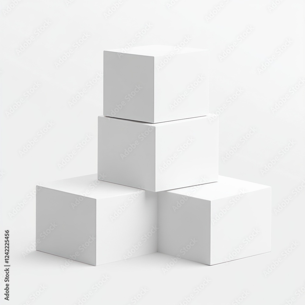 Fototapeta premium Three white cubes stacked, minimalist display.