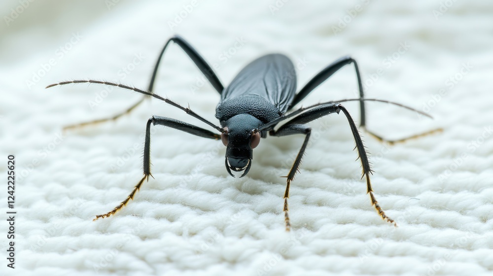 Fototapeta premium Close-Up of a Black Insect on Soft White Fabric Textiles Surface