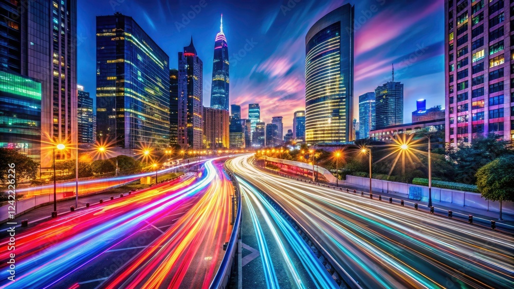 Fototapeta premium Long exposure reveals glowing trails, abstract light paintings, and blurred city lights in urban street photography.