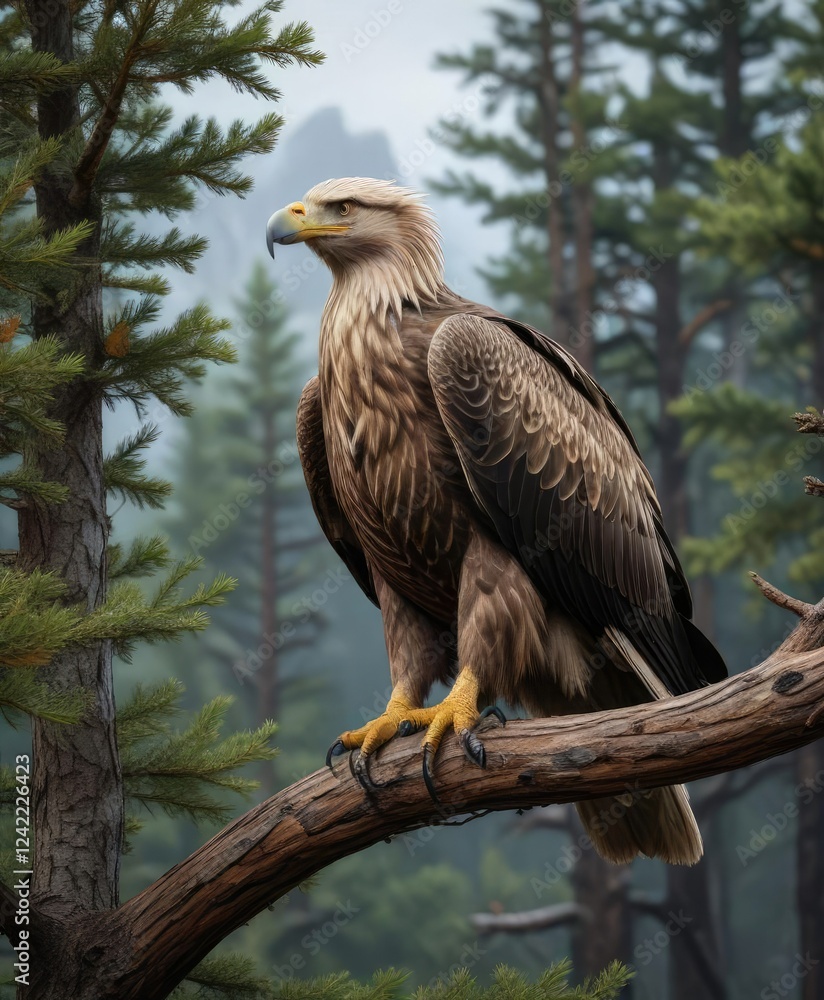 Majestic white tailed eagle perched on pine tree branch, nature, forest, close-up Majestic white tailed eagle perched on pine tree branch, nature, forest, close-up