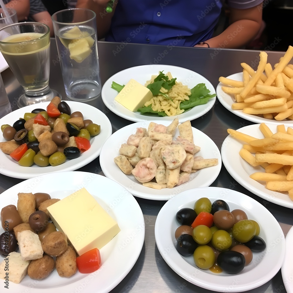 Tapas: una variedad de bocadillos servidos en platos pequeños, que incluyen aceitunas, queso y papas fritas. Tapas: una variedad de bocadillos servidos en platos pequeños, que incluyen aceitunas, queso y papas fritas.