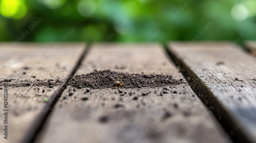 Fototapeta premium Close-Up of Soil on Wooden Surface with Blurred Green Background