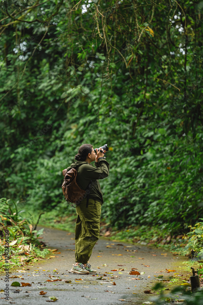 Photographer exploring a tropical forest. Photographer exploring a tropical forest.