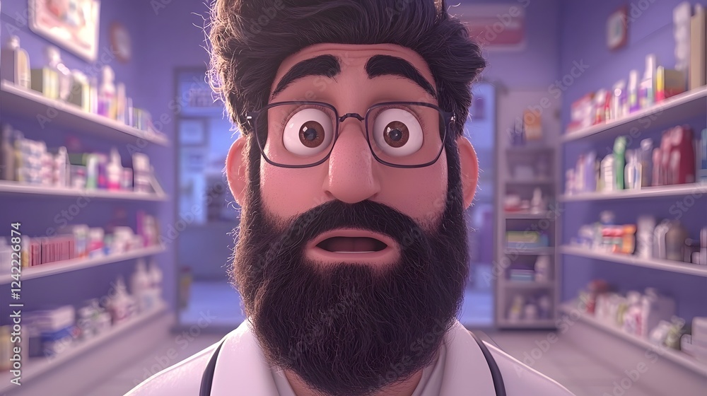 Professional Pharmacist Holding Medication at Detailed Pharmacy Shelves 3D Healthcare Medical Science Technology Pharmaceutical Drug Retail Commercial Interior Design Studio Render