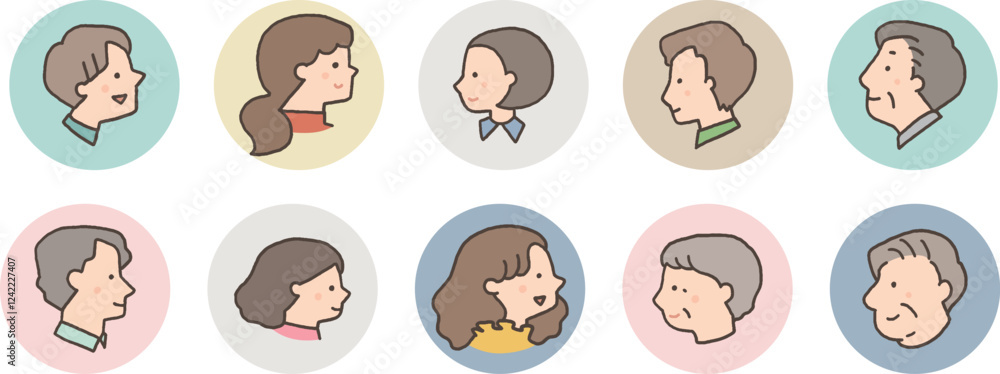 大人の男女横向きの顔だけアイコンセット枠付き