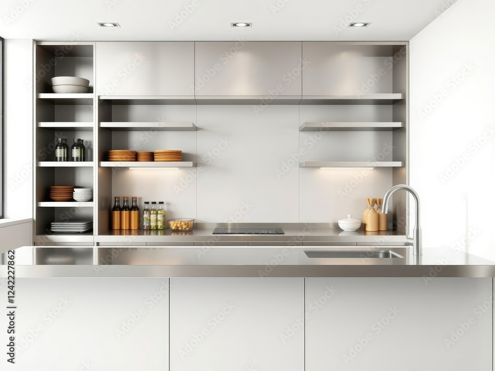 Modern pantry design featuring a sleek stainless steel bar and sink, open shelving, minimalist, clean lines Modern pantry design featuring a sleek stainless steel bar and sink, open shelving, minimalist, clean lines