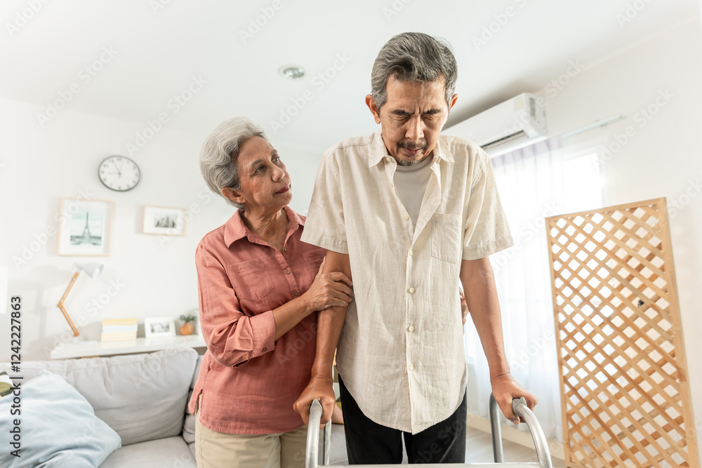 Asian attractive senior woman support elderly man walking with walker Asian attractive senior woman support elderly man walking with walker