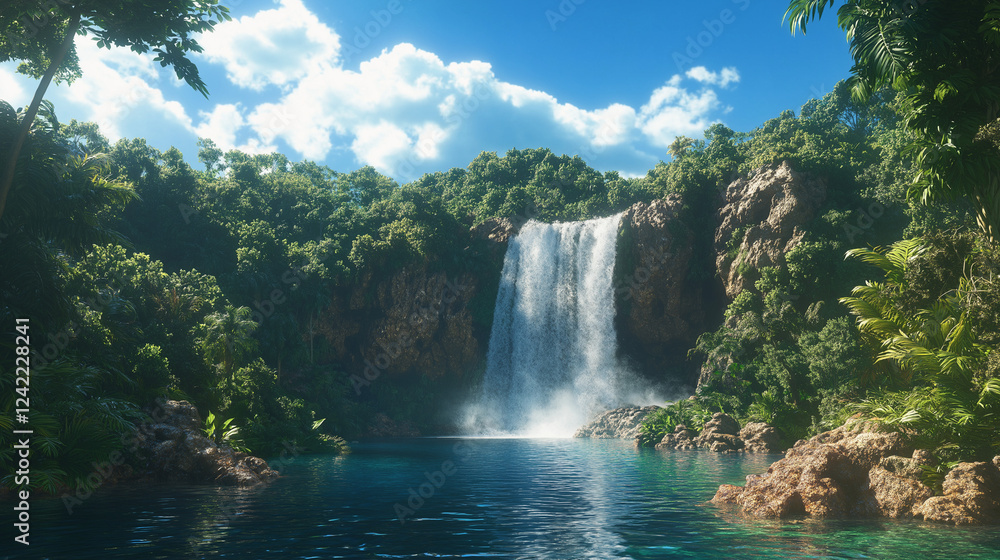 Fototapeta premium Jungle Waterfall Paradise: Lush greenery surrounds a majestic waterfall cascading into a tranquil turquoise lagoon, bathed in the soft glow of a sun-drenched sky.