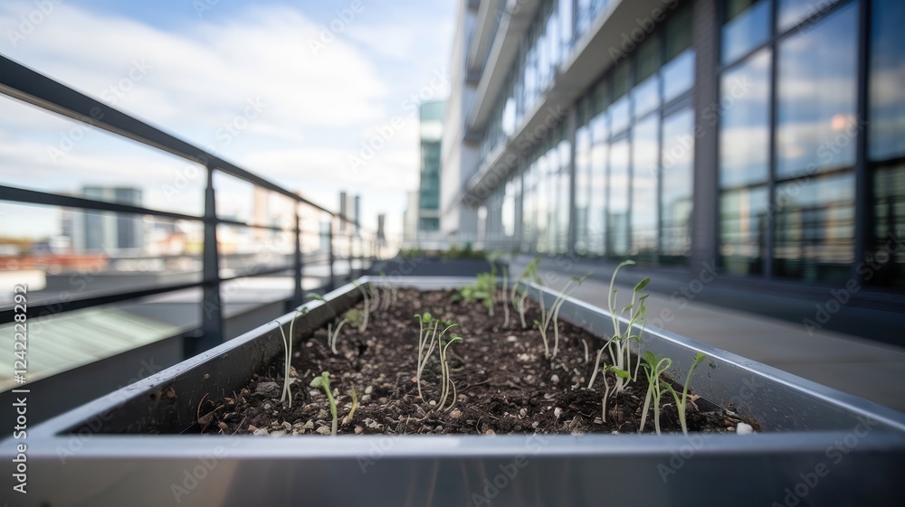 Naklejka premium A close-up view of sprouting green plants in a modern balcony planter, set against a backdrop of large glass windows and a bright sky.