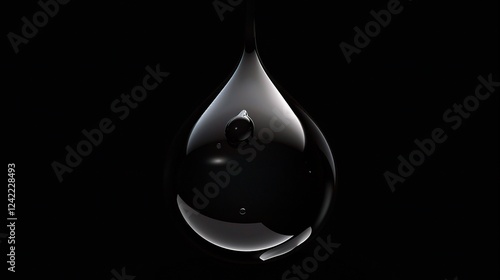 A single, glistening oil drop rests on a smooth black background, creating a visually captivating scene. The unique shape and texture of the oil drop stand out against the dark backdrop, drawing atten photo