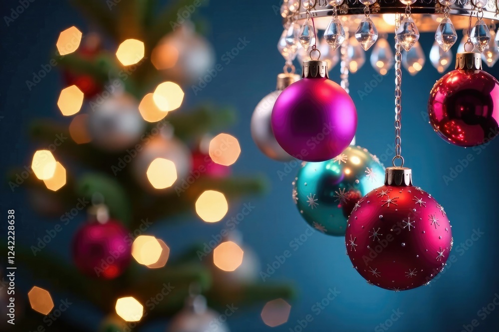 Multicolored Christmas balls suspended from a crystal chandelier, elegant atmosphere, sparkling elements, festive lights Multicolored Christmas balls suspended from a crystal chandelier, elegant atmosphere, sparkling elements, festive lights