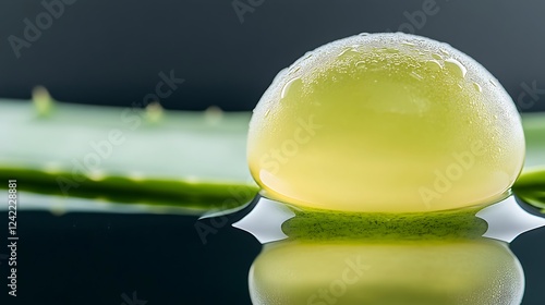 Close-up of a translucent gel droplet on an aloe vera leaf, reflecting light, with a dark background