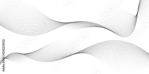 Flowing dots particles wave pattern halftone gradient curve shape isolated on white background. Vector in concept of technology, science, music background